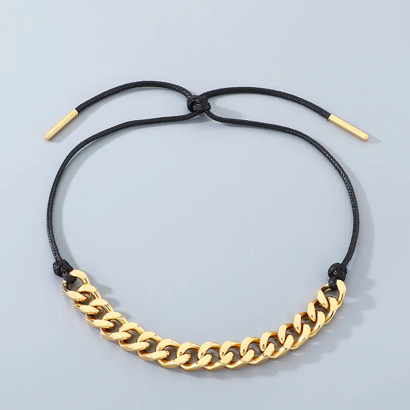 Vintage Western Cowboy Style Black Wax Rope Splicing Cuban Chain Long Adjustable Stainless Steel Men's Pendant Necklace