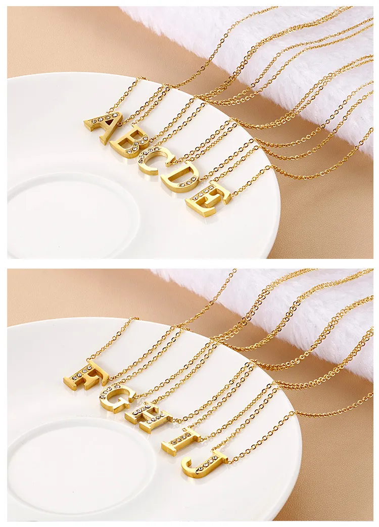 Stainless Steel 18K Gold-Plated Creative Diamond Studded 26 Uppercase English Letters Fashionable Collarbone Necklace