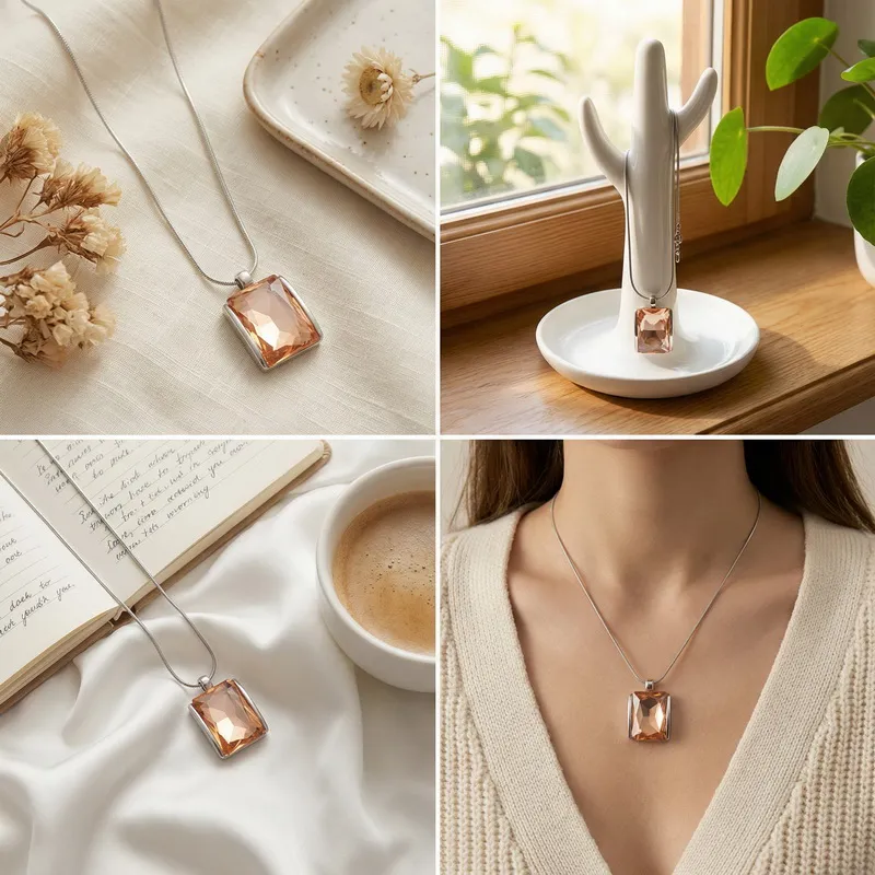 Personalized Square Multi-Color Glass Pendant Necklace Snake Bone Chain 18K Gold-Plated Stainless Steel Necklace Wholesale