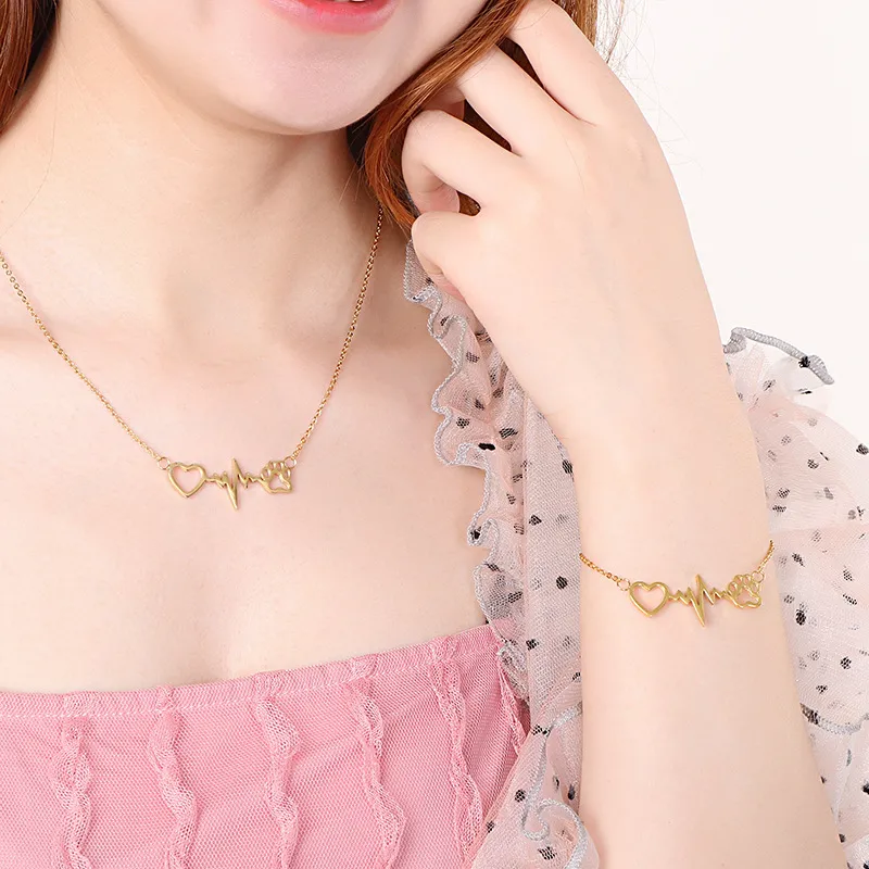 New Creative Heart-Shaped Cute Cat Paw Stainless Steel Necklace and Bracelet Jewelry Sets