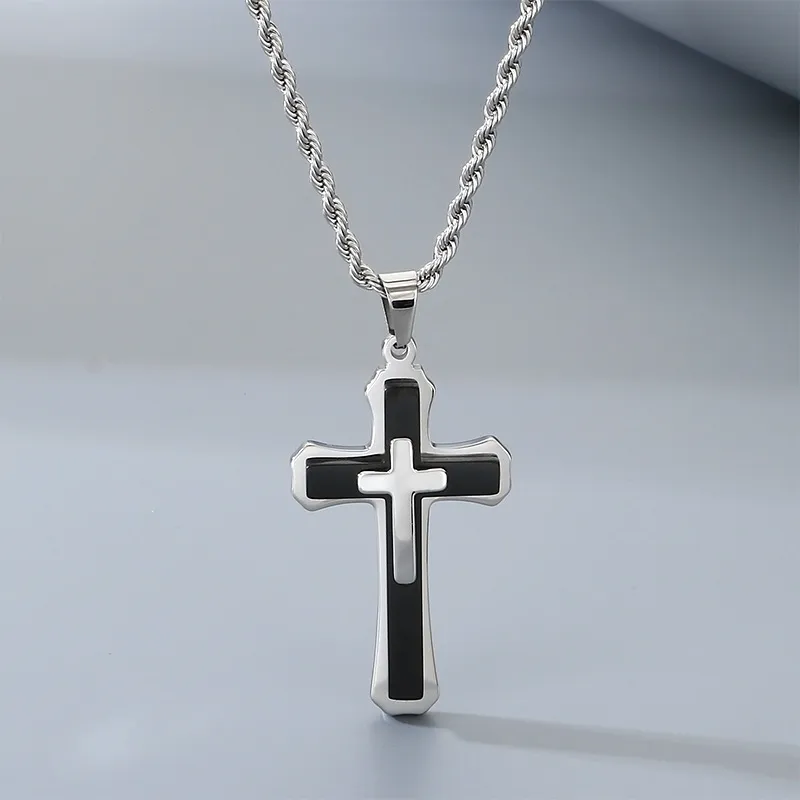 Men's Trendy Stainless Steel Three-Layer Three-Dimensional Cross Pendant Accessory Jewelry Wholesale