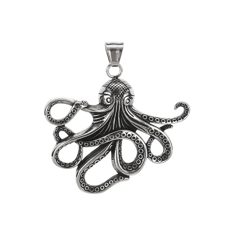 Popular Marine Creature Octopus Pendant with Punk Style, Aged, Blackened, Hollowed out Fishbone Stainless Steel Men's Pendant