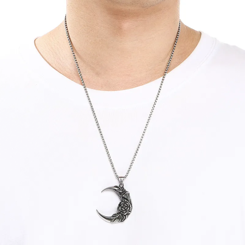 Gothic Style Dark Crescent Rose Pendant Punk Retro Personality Skull Moon Stainless Steel Men's Pendant