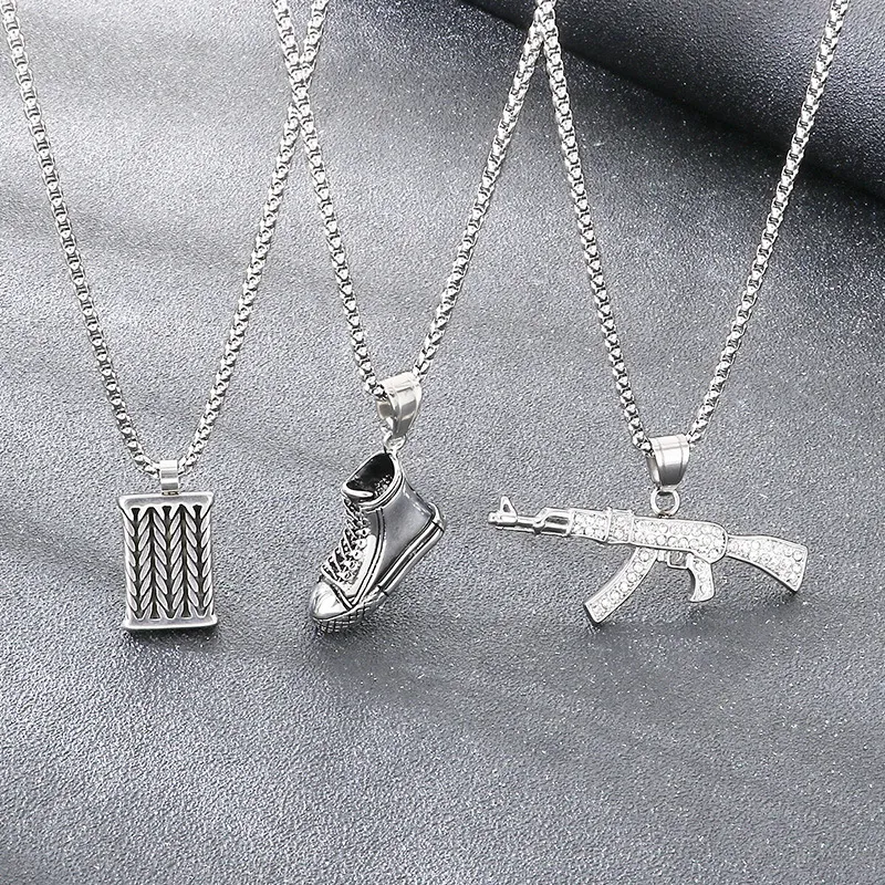 Trendy Canvas Shoes Hip Hop Nightclub Full Diamond Submachine Gun Mai Sui Wu Shi Pai Stainless Steel Men's Pendant