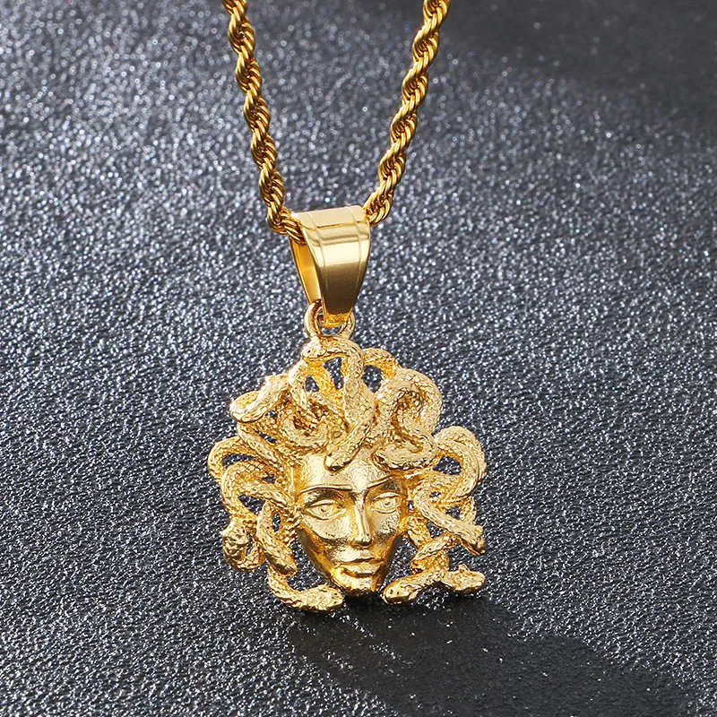 European and American Hipster Snake Woman Head Ornament, Vintage Personalized Ancient Greek Gorgon Stainless Steel Men's Pendant