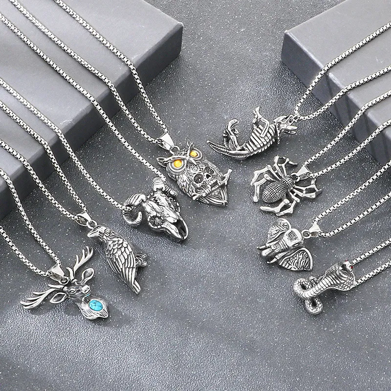 Exaggerated Animals, Elk, Cobras, Auspicious Elephants, Dinosaur Accessories, Halloween Spiders, Sheep Horns, Skeletons, Stainless Steel Men's Pendant