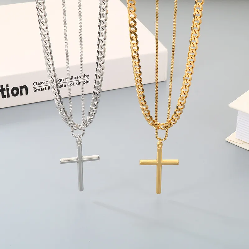 Simple Smooth Cross Pendant Necklace, European and American Six Sided Ground Square Pearl Chain, Double Layered Men's Necklace