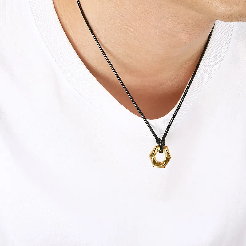 Popular Heart-Shaped Sweater Chain Necklace with Creative Fashion, Wax Rope, Five Pointed Star, Hexagonal Stainless Steel Pendant Necklace