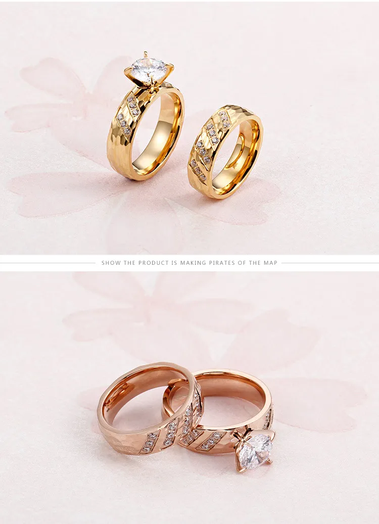 Korean Japanese Stainless Steel Couple's Matching Ring 18K Gold Textured Diamond-Embedded Rings