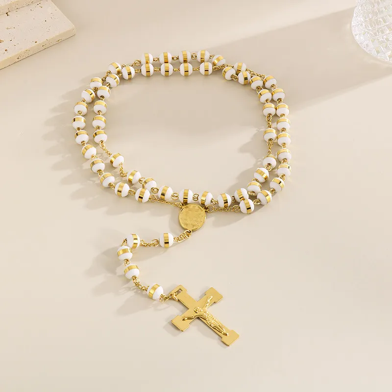 Wholesale European and American Style Trendy 8mm Stainless Steel 18K Gold Cross Necklace Jewelry