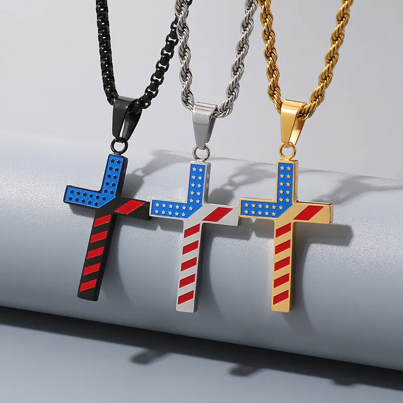 American Red Blue White Star Spangled Stainless Steel Cross Pendant Men's and Women's Jewelry
