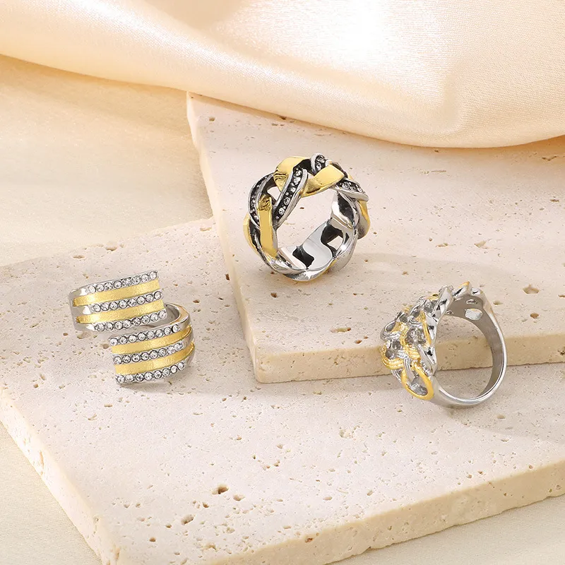 Trendy Fashion Contrast Color Ring Retro Irregular Ins Diamond-Embedded Stainless Steel Rings