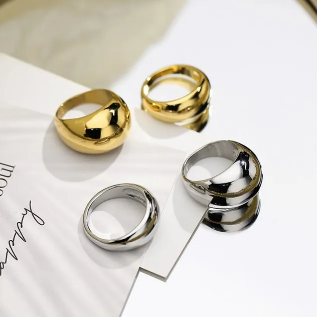 French-Style Trendy Gold Domed Geometric Stainless Steel Ring for Men and Women