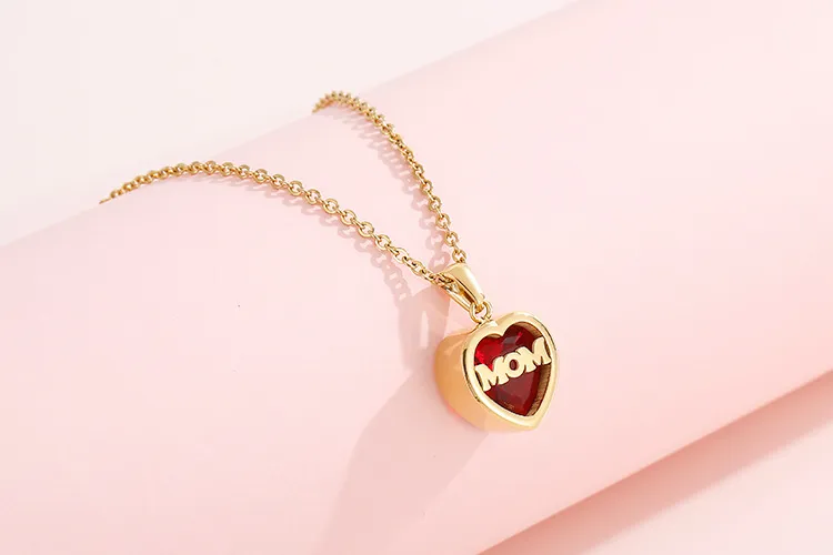Birthstone Month Mom Heart-Shaped Polished Stainless Steel Pendant Necklace Mother's Day Gift