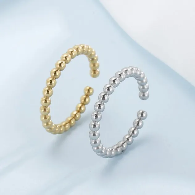 Elegant Openning Beaded Stainless Steel Ring with Water Ripple Design