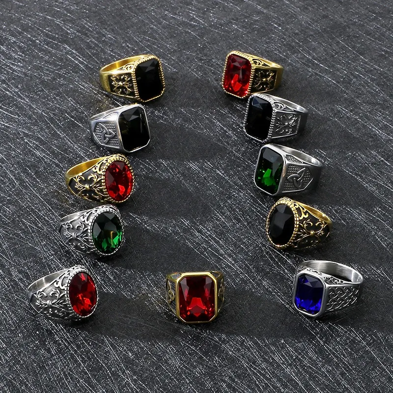 Vintage Viking Court Style Luxury Fashion Jewelry-Inlaid Carved Stainless Steel Men's Ring