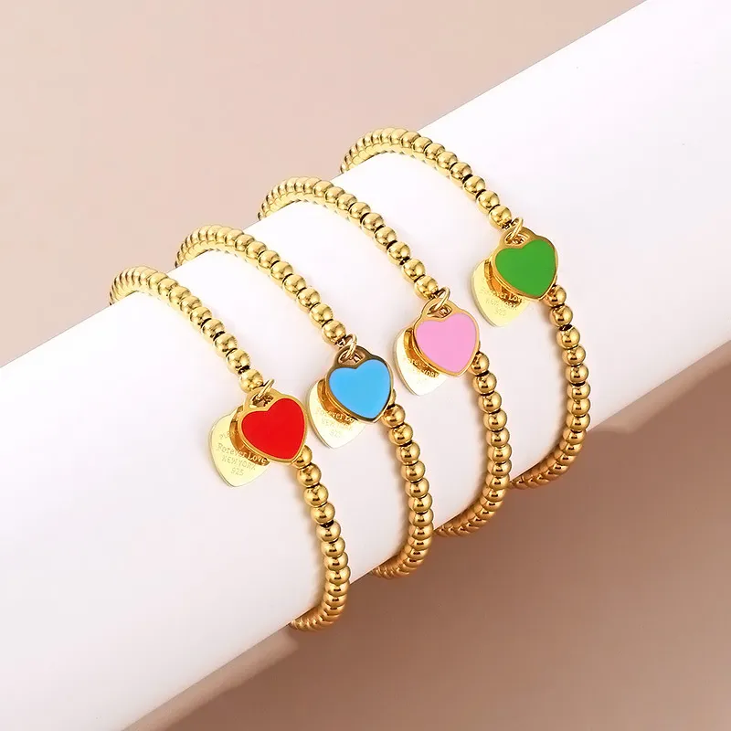 18K Gold Plated Open Heart-Shaped Clavicle Chain with Multi-Color Epoxy Resin Stainless Steel Ring Set