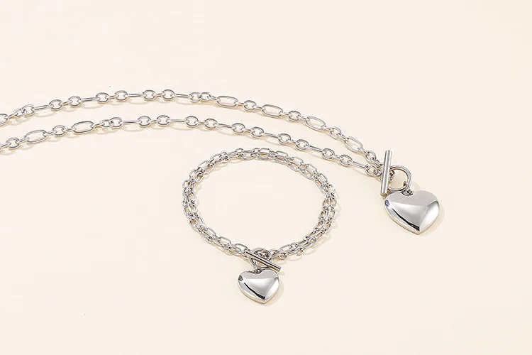 New European and American Style Ot Buckle Heart Necklace and Bracelet Stainless Steel Women's Set