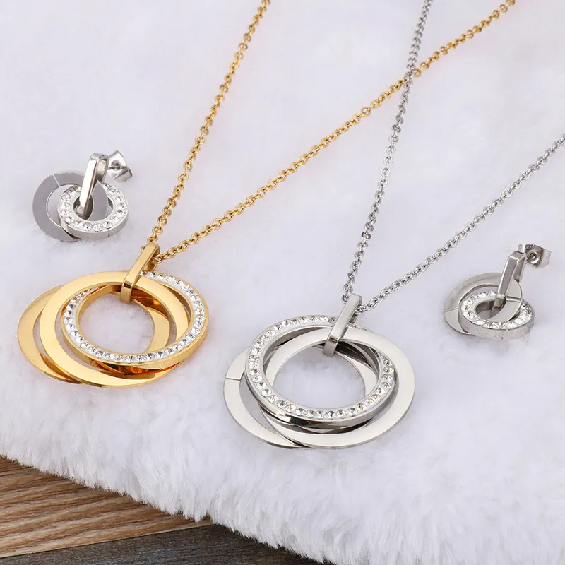 European American Stainless Steel Jewelry Double Interlocking Diamond-Embedded Women's Jewelry Set Wholesale