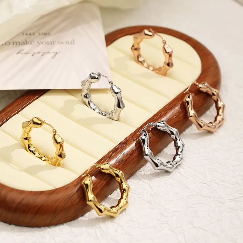 Fashion Stainless Steel U-Shaped Bamboo Hollow Earrings Personalized 18K Vacuum Gold-Plated Earrings