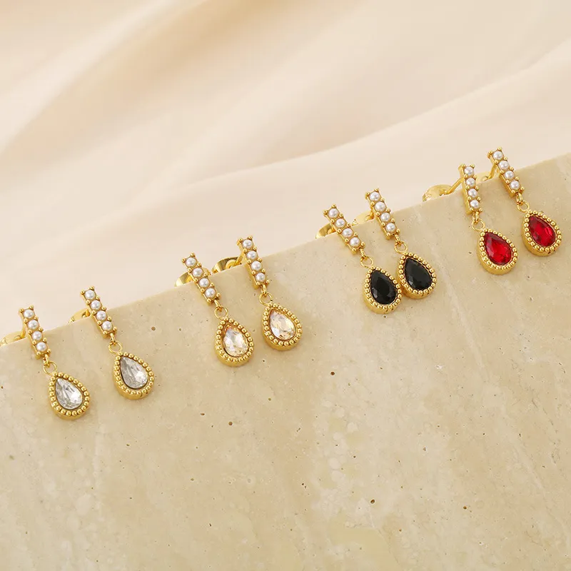 Stainless Steel Jewelry Droplet Shaped Diamond Inlaid Shell Bead Earrings