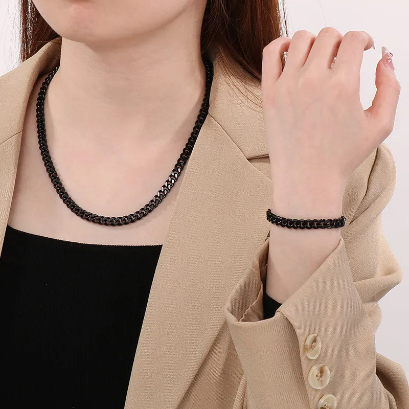 Hip Hop Style Stainless Steel Double-Sided Grinding Multi Size Cuban Chain Lobster Buckle Fashion Bracelet&Necklace Set