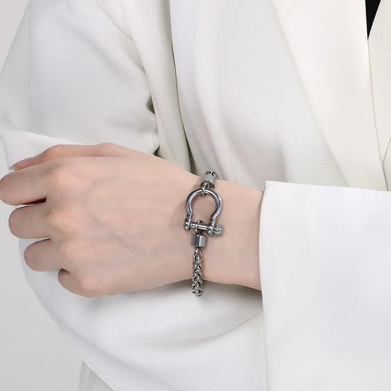 Trendy Stainless Steel Horseshoe Buckle Keel Chain Simple Men's and Women's Bracelet&Necklace Set