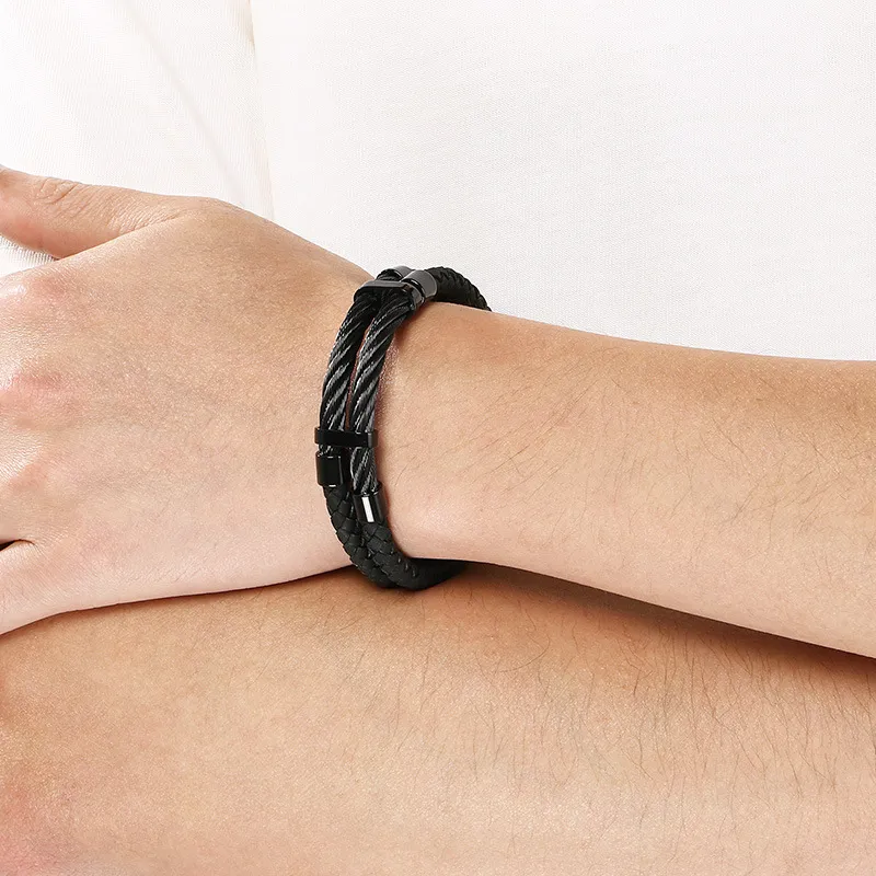 Trendy and Personalized Stainless Steel Wire Woven Double-Layer Leather Rope Bracelet Jewelry