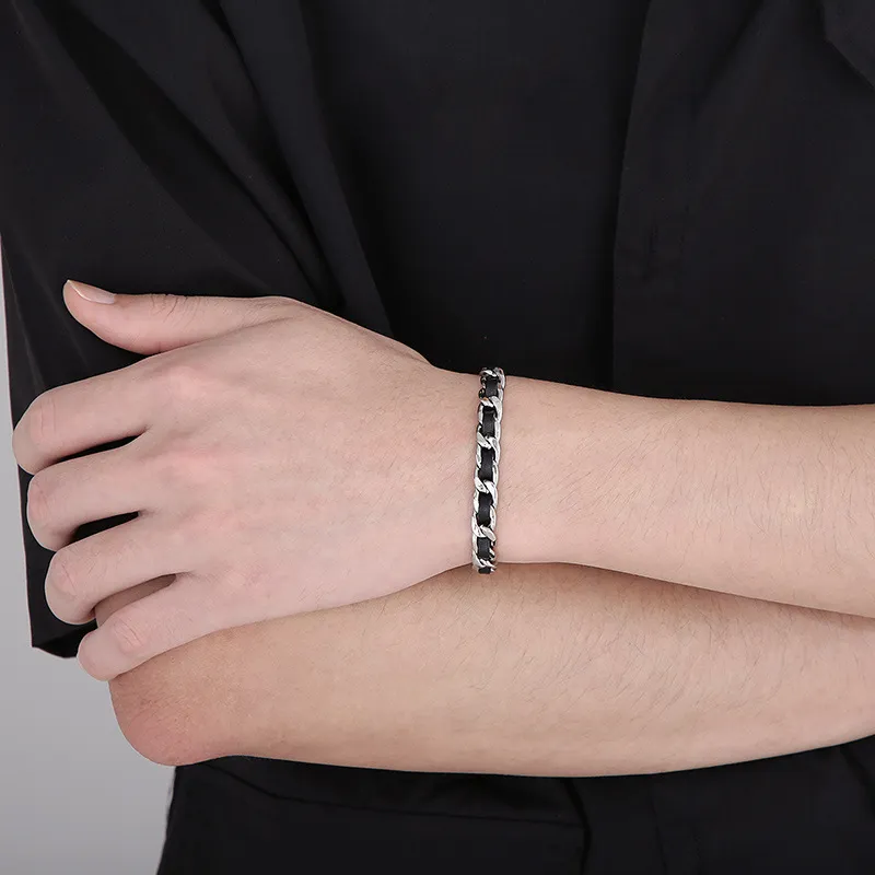 Stainless Steel Nk Chain Paired with Black Leather Bracelet Suitable for Daily Wear