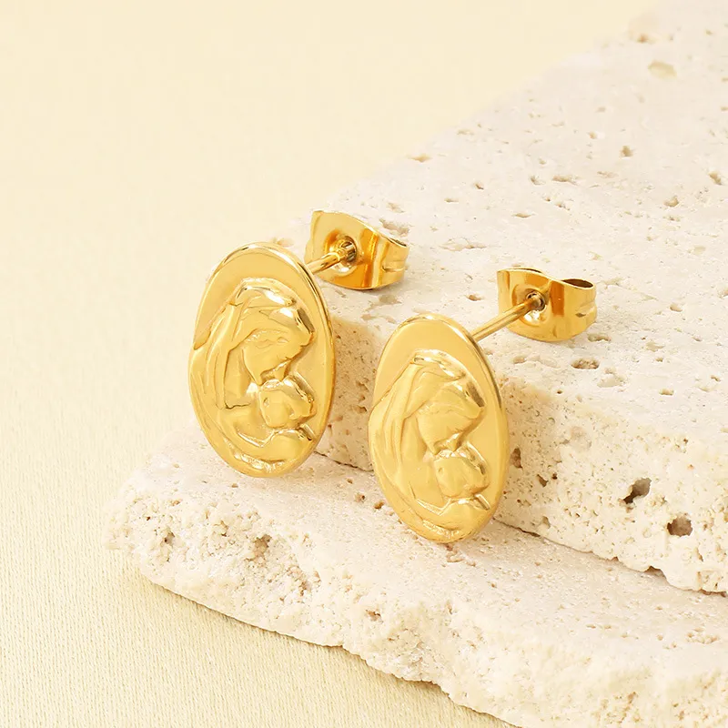 Vintage French Lady Stud Earrings 18K Gold Plated Stainless Steel Earrings for Mother's Day