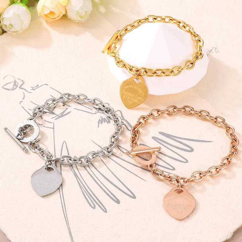 Ins Ot Clasp Heart Bracelet O-Chain Letter Peach Heart Stainless Steel Jewelry Set