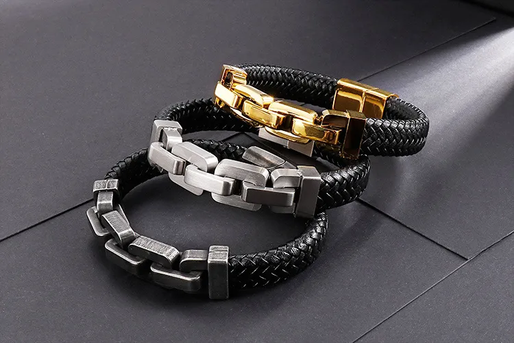 European and American Style Stainless Steel Chain Splicing Leather Jewelry Men's Bracelet