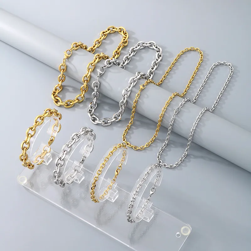 Trendy and Versatile Stainless Steel Dog-Leg Chain Bracelet, Minimalist O-Shaped Trimmed Chain Lobster Claw Clasp Necklace Set for Men and Women
