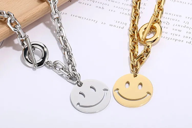 Stainless Steel Exaggerated Personality Creative Smiling Face Ot Buckle Bracelet Necklace Set for Women's Jewelry