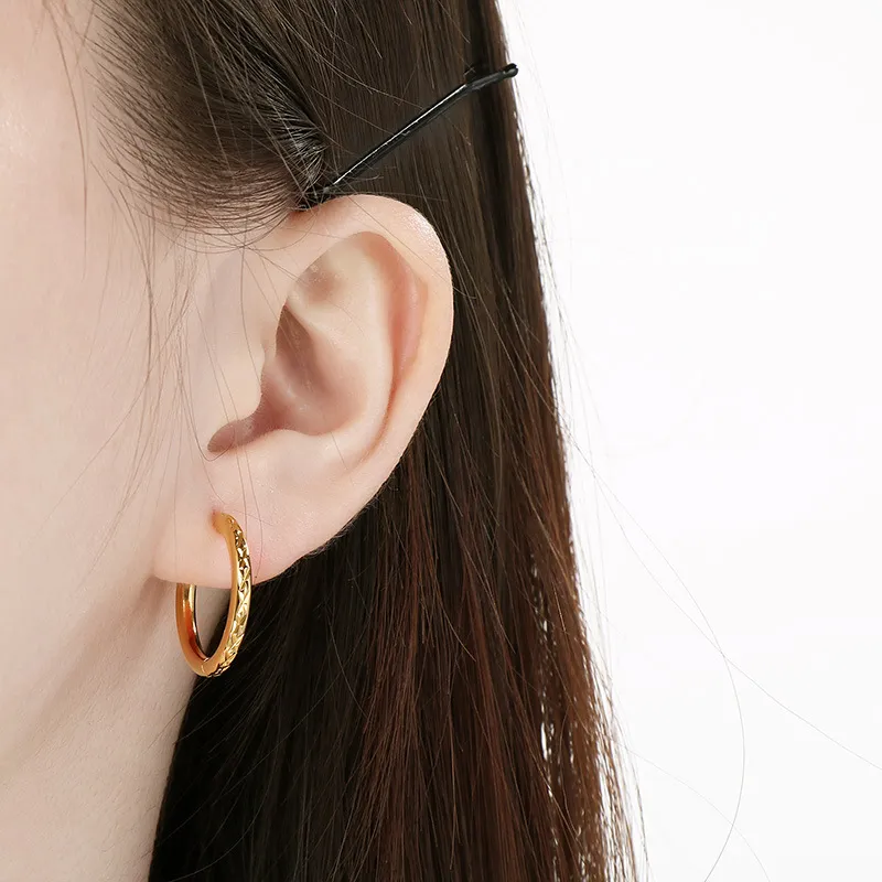 Korean Fresh Textured Geometric Hoop Stainless Steel Huggie Earrings Daily Jewelry Summer