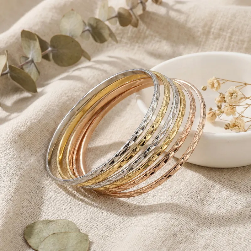 Stainless Steel 304 Patterned Diamond Bangles with Multiple Layers of Plain Circles for Women