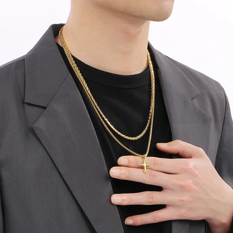 Fashionable Stainless Steel Creative Double-Layer Mixed Chain Hanging Cross Pendant Men's Necklace Accessories