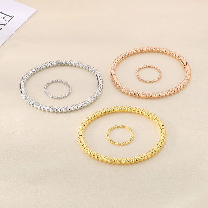 Minimalist Beaded Water Wave Stainless Steel Ring Adjustable Oval Bracelet Jewelry Set