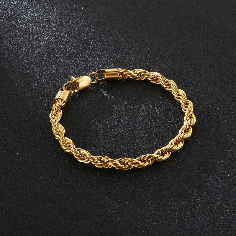 Hip Hop Men's Bracelet Gold Plated 18K Fried Dough Twists Chain Stainless Steel Braided Twisted Rope Bracelet