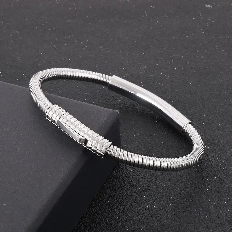 Trendy Men's Stainless Steel Polished Geometric Curved Plate with Engraved Logo Circular Ring Snake Bone Bracelet