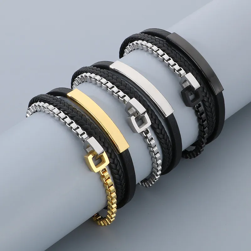 Stainless Steel Chain Leather Rope Woven Bracelet Multi-Layer Woven Leather Bracelet Popular Magnetic Buckle Bracelet