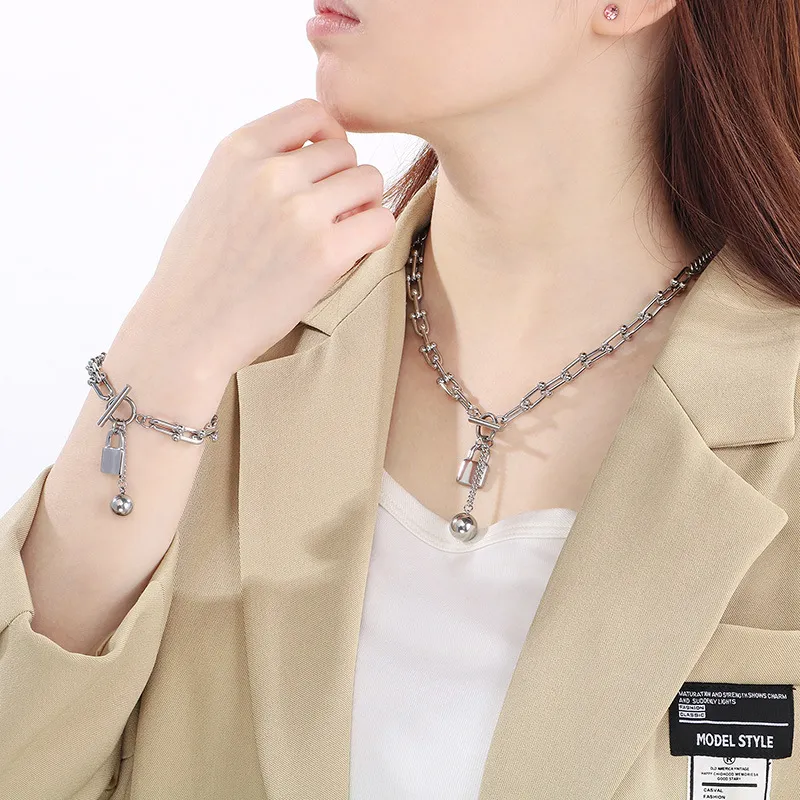 Hip-Hop Ball Padlock Gender-Neutral Sweater Chain Beaded Stainless Steel Jewelry Set Wholesale