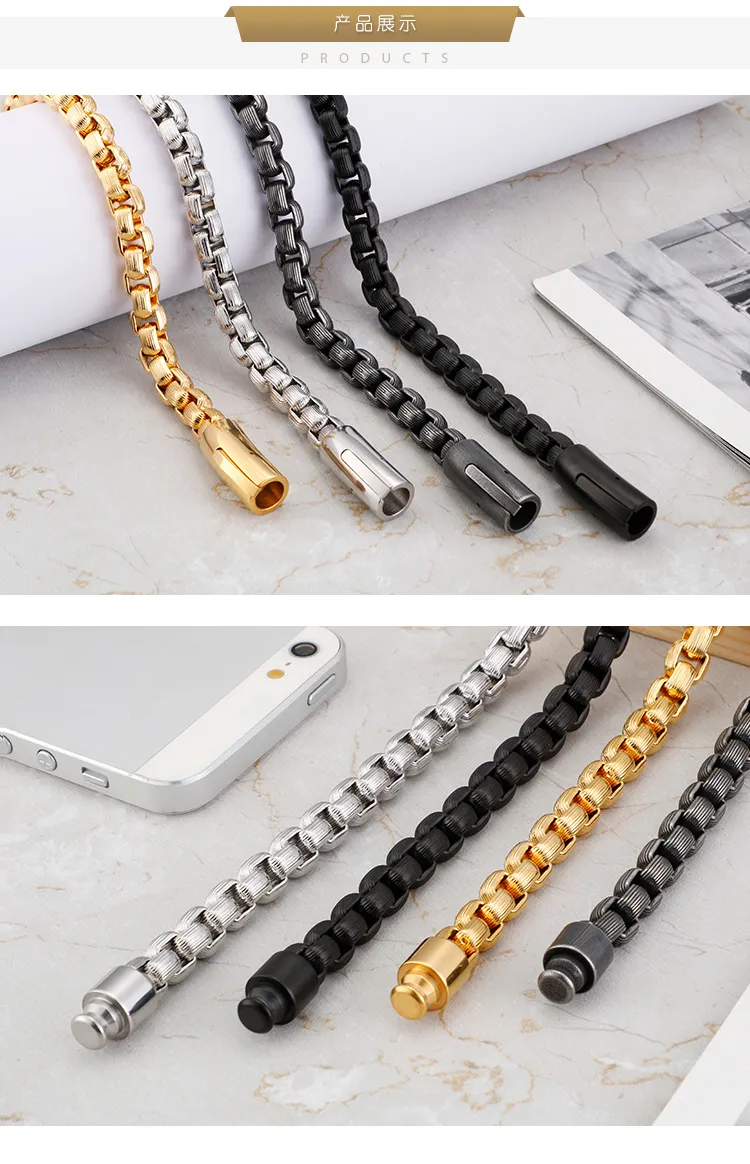 European and American Fashion Stainless Steel Striped Square Pearl Bracelet for Men, Simple Snap Button Motorcycle Chain Jewelry Wholesale