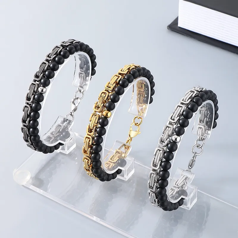 Cross-Border Vintage Handmade DIY Double-Layer Bracelet, Punk Fashion Black Agate Imperial Chain Stainless Steel Men's Stackable Jewelry