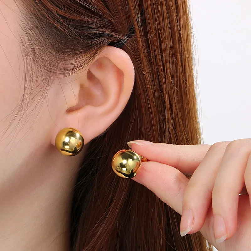 Fashion Style Stainless Steel Plated 18K Gold Solid Hollow Spherical Round Earrings for Women