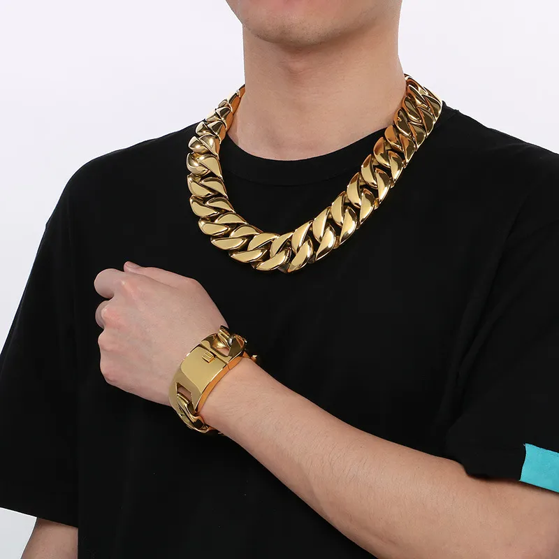 Hot Selling Trend 31mm Chain Gold Plated Stainless Steel Necklace Bracelet Sets