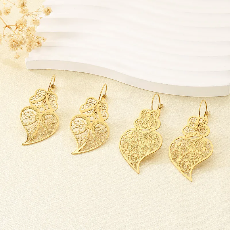 Hollow Metal Heart Leaf Stainless Steel Earrings Vintage Ethnic Water Drop Jewelry Women