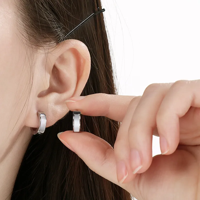 Korean Japanese Smooth Shell Inlaid Flat Stainless Steel Huggie Earrings Trendy Elegant Earrings Wholesale