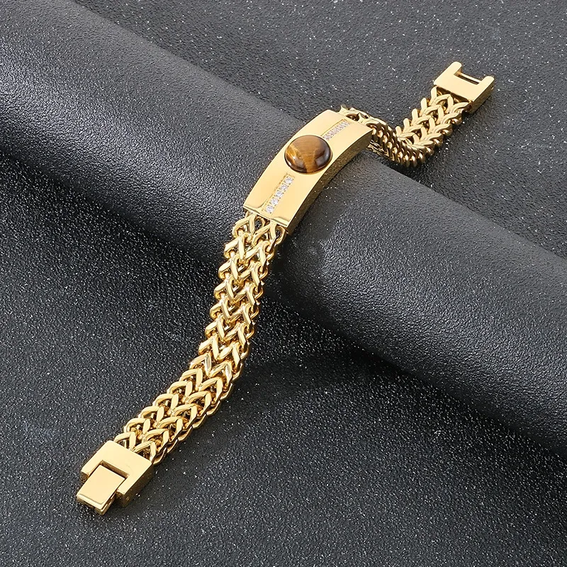 Fashion Tiger Eye Stone Rhinestones Inlaid Mens Bracelets Stainless Steel Chain Bracelets