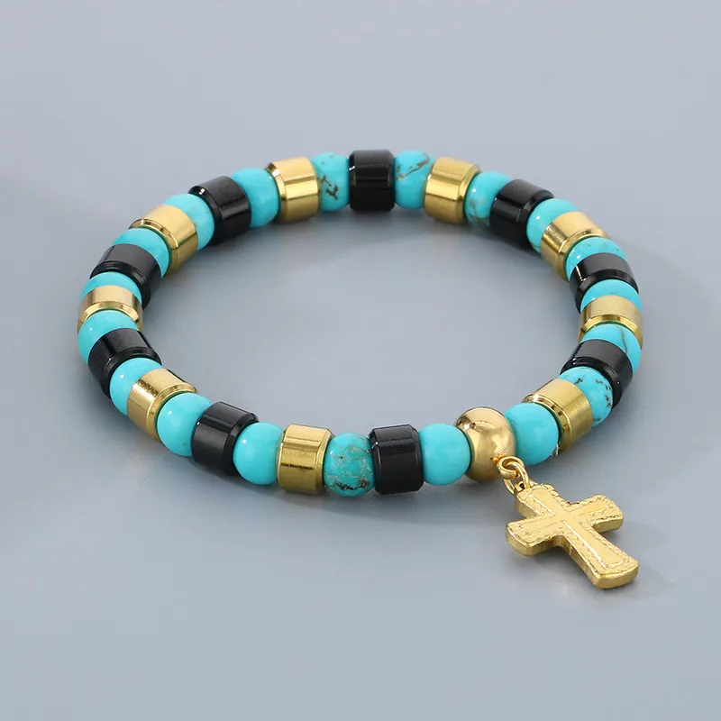 Bohemian Ins Style Colorful Turquoise Men's and Women's Bead Bracelets, Niche Design, Personalized Cross Titanium Steel Bracelet